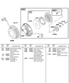 Rewind Starter 1 Diagram and Parts List for 85432-0235-A1  Briggs and Stratton Engine